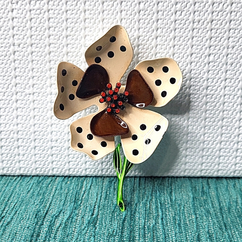 Vintage Hedy Hedison Metal Enamel Floral Polka Dot Pin
